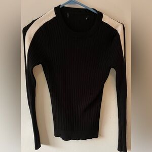 Black Ribbed Crew Neck Form Fitted Sweater with White Racer Stripe